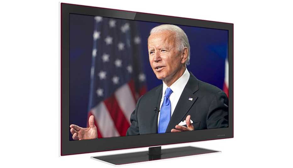 television showing joe biden speaking at the democratic national conference in august twenty twenty