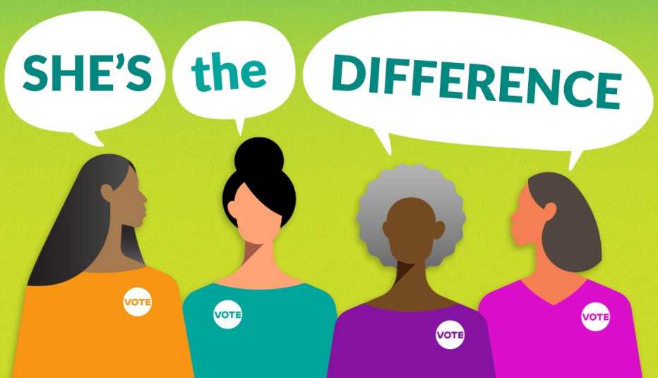 cartoon of four diverse women with speech bubbles that say she is the difference