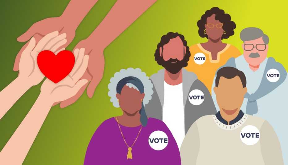 a group of diverse people wearing buttons that say vote and two sets of arms and hands holding with a heart in the palms to symbolize caregiving