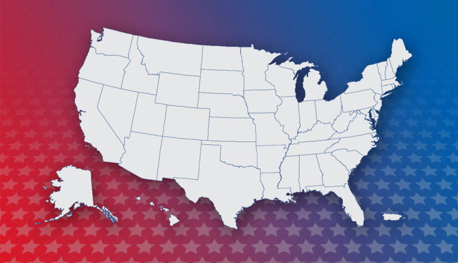 united states map on a background that fades from red to blue