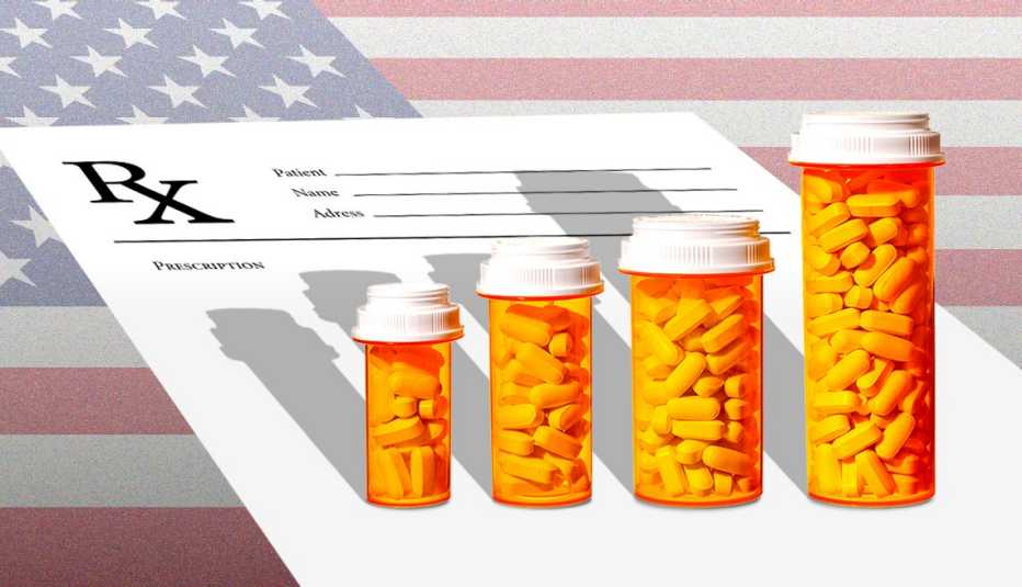 row of pill bottles getting larger and larger with a prescription pad on the united states flag