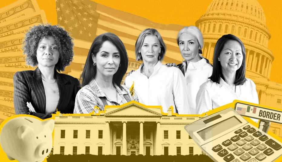 a group of diverse women all over age fifty surrounded by political concerns the white house the capitol money retirement savings the border and democracy