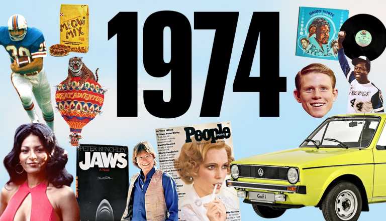 A collage of people and things that changed the world in 1974, including a Miami Dolphins Football player, Meow Mix, Jaws Cover, People Magazine cover, record, Braves baseball player and old yellow car