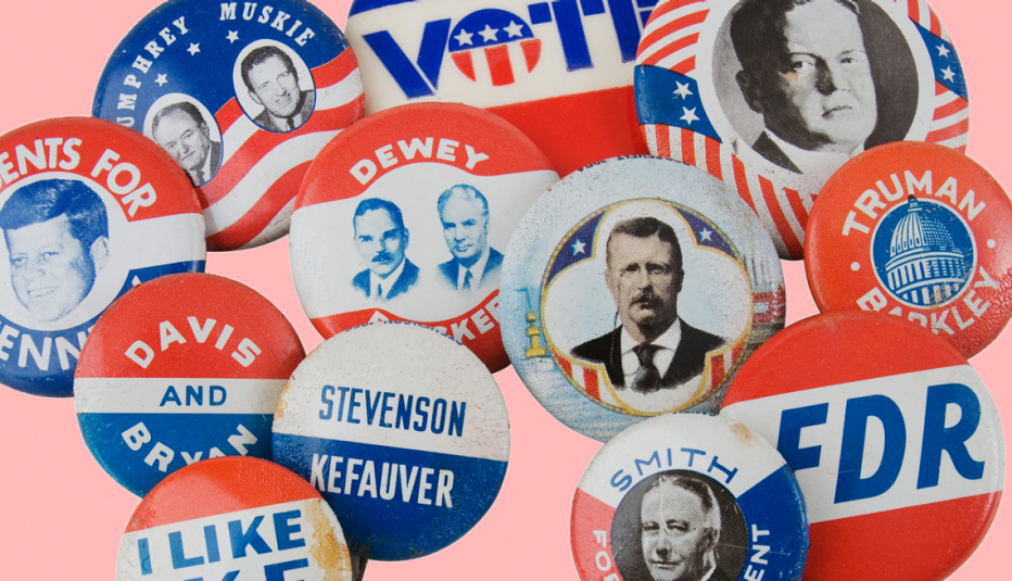 a collage of old presidential campaign buttons