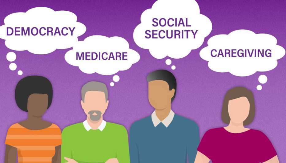 four diverse people each with a thought bubble one says democracy one says medicare one says social security and the last reads caregiving