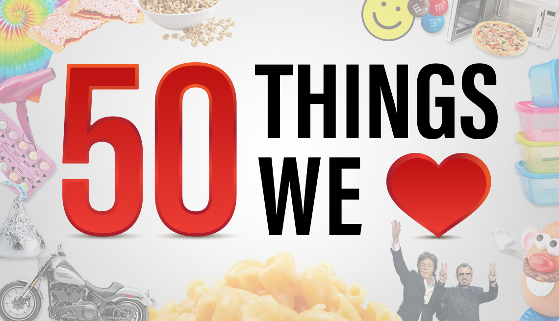 text that reads 50 things we love with a heart symbol standing in for the word love. the text is surrounded by ghosted images of people and items such as mac and cheese a motorcycle mr potato head and more
