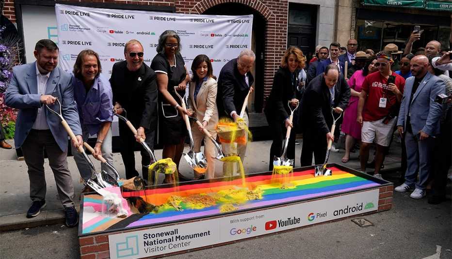 New York Governor Kathy Hochul (C-L) and NY Senator Charles E. Schumer (C-R) attend the  Stonewall National Monument Visitor Center Groundbreaking event June 24, 2022 in New York City
