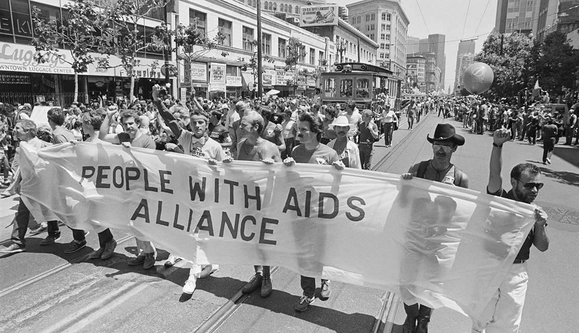 "People With Aids," March in gay parade. b/w photograph.