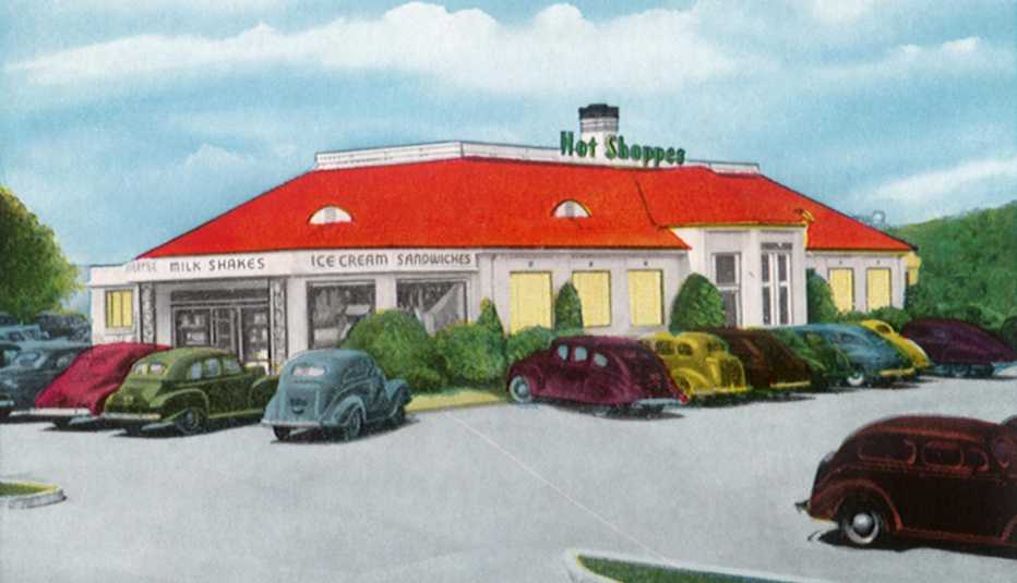 illustration of a hot shoppes restaurant and parking lot with antique cars parked around it