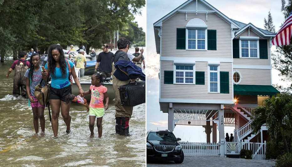 two images one of people being rescued from flooding and another of a house built on stilts