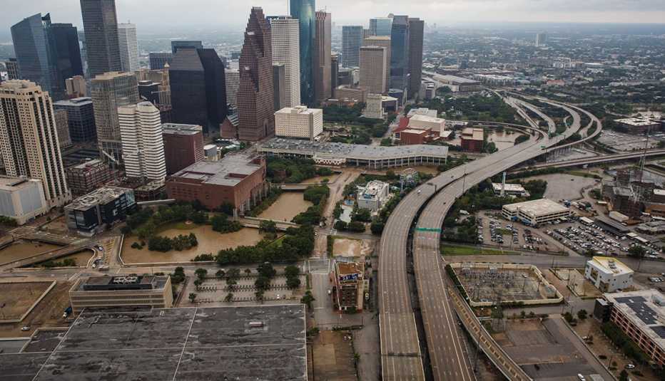 an aerial view of downtown houston texas flooded by hurricane harvey