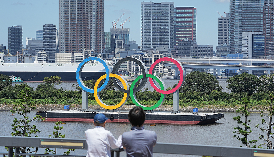 a large scale version of the five colorful olympic rings are displayed in tokyo bay for the games