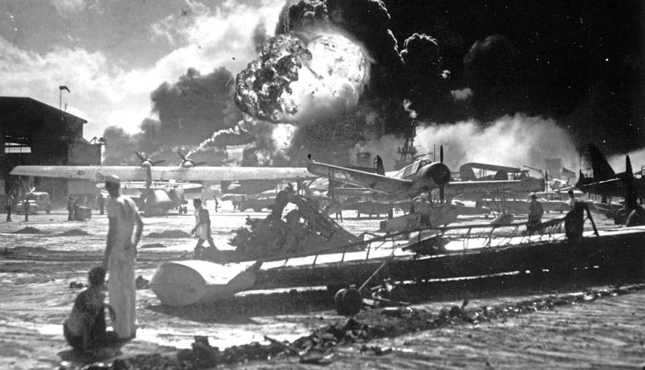 photo taken at pearl harbor of explosions on december seventh nineteen forty one