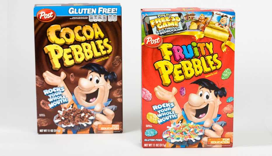 cocoa and fruity pebbles breakfast cereal boxes