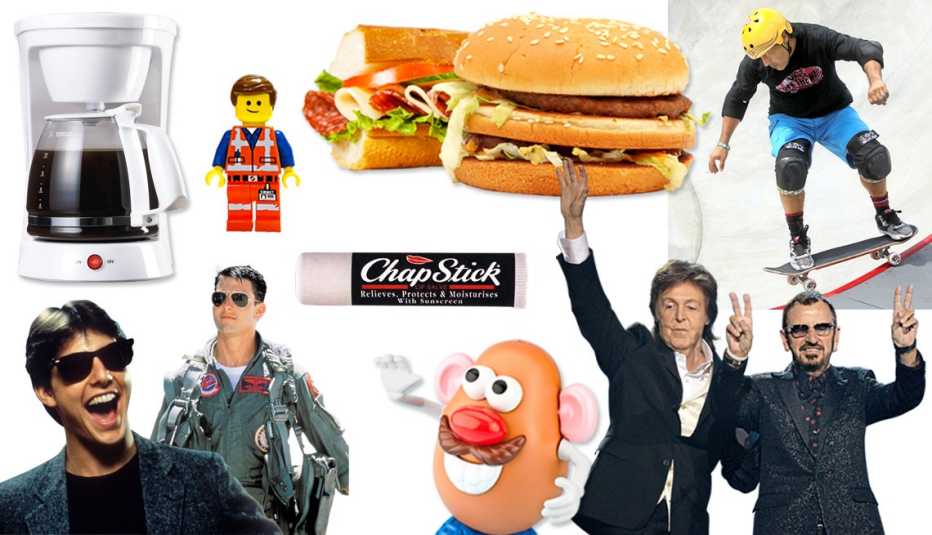 collage of images including electric drip coffee maker, lego and mr potato head toys, subway and big mac sandwiches, skateboarding, the beatles, chapstick, and tom cruise wearing both aviator and ray ban sunglasses