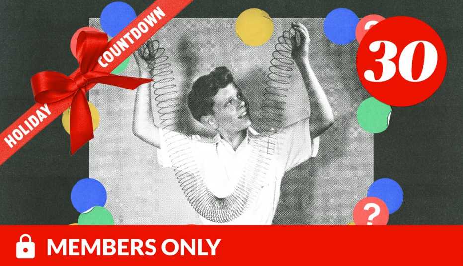 black and white image of a boy holding both ends of slinky, surrounded by blue, red, green and yellow circles with question marks in them; black background; number 30 in red circle in upper right corner; red ribbon with bow across left corner that says holiday countdown; red members only banner with lock icon on bottom