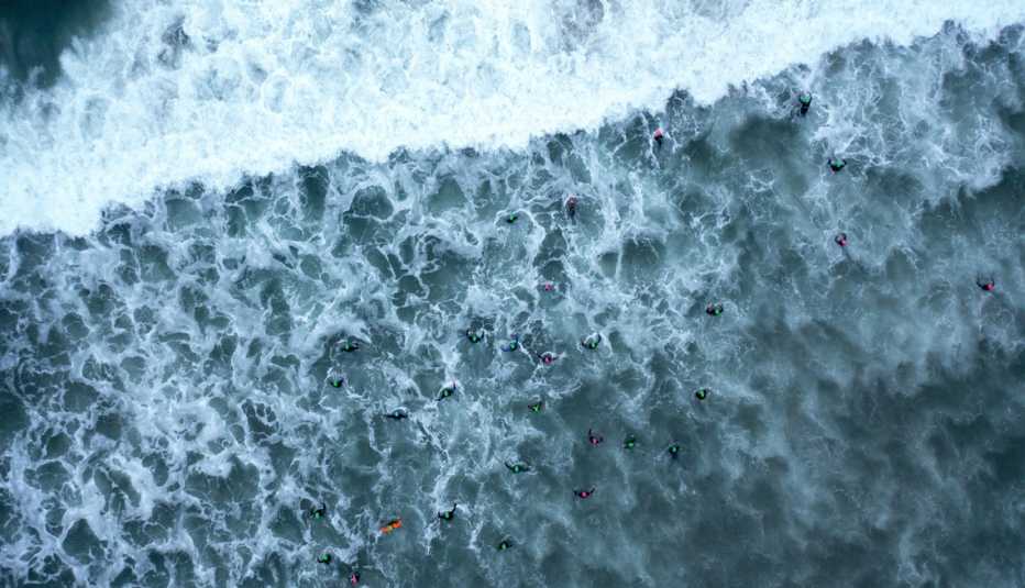 An aerial view of the swim start during the IRONMAN 70.3 Oceanside on April 2, 2022 in Oceanside, California.