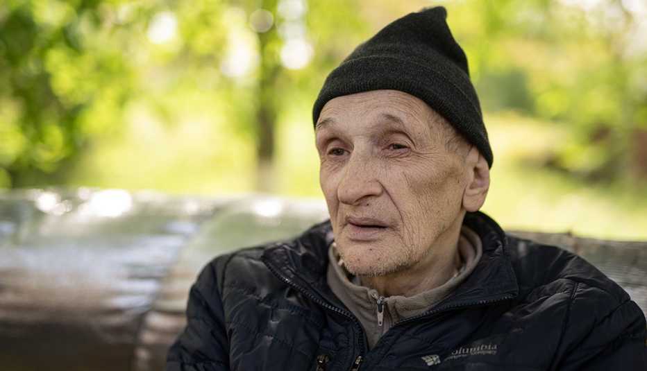 Mykola Kopeiko, 62, outside buildings of a care home in Tavriiske refugees from the embattled villages and towns, in Tavriiske village, Zaporizhia region, Ukraine. 