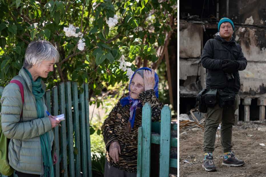 Left: Journalist Lily Hyde speaking with Halyna; right: photographer Oleskii Furman 