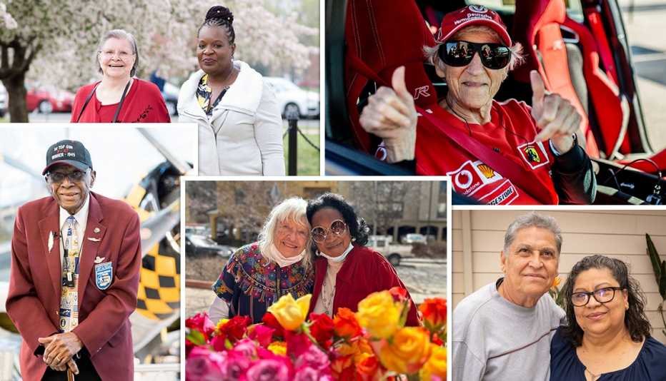 A few Wish of a Lifetime recipients and volunteers. Top row, left to right: Carole Grandstaff and friend visiting cherry blossoms in Washington DC; race car fan Judi in a Formula 1 race car. Bottom row: Former Tuskegee Airman Lt. Col. James H. Harvey III poses in front of a WWII fighter plane at the the Udvar-Hazy Center National Air and Space Museum; Cupid Crew members delivers flowers; Otillo surprises sister Beatrice with a visit.