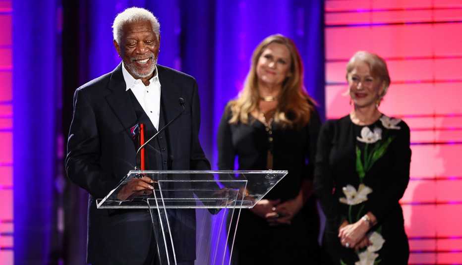 morgan freeman accepting the career achievement award at the a a rp movies for grownups awards in twenty seventeen