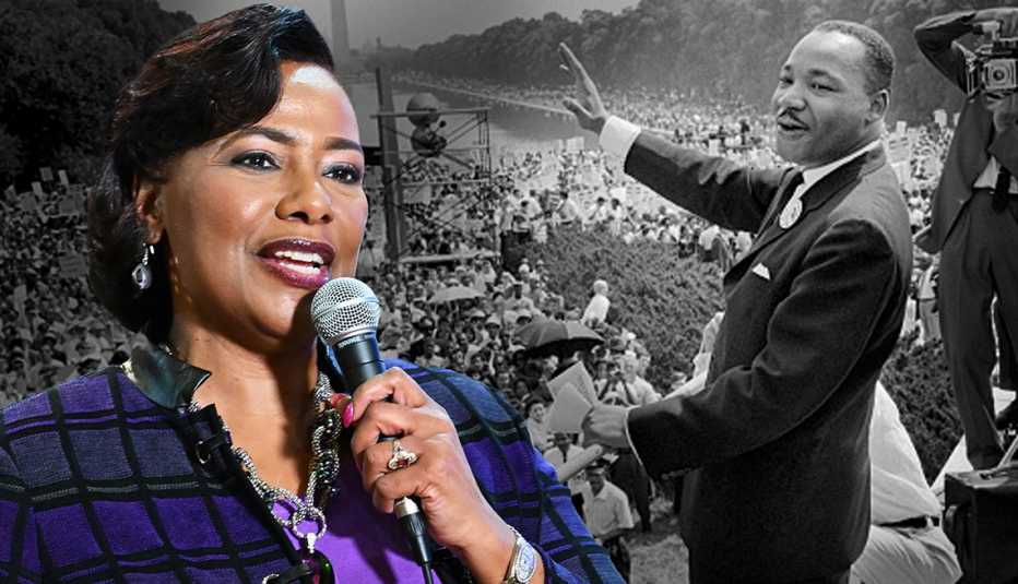 bernice king speaking overlaid with historic photo of her father doctor martin luther king junior 