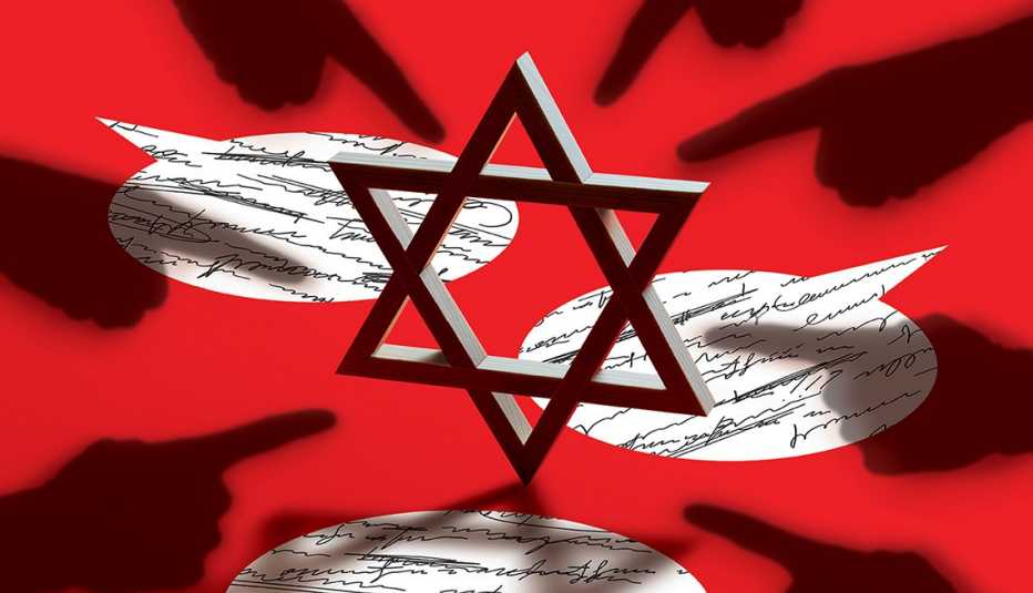 a jewish star surrounded by shadows of angry hands pointing fingers and negative commentary