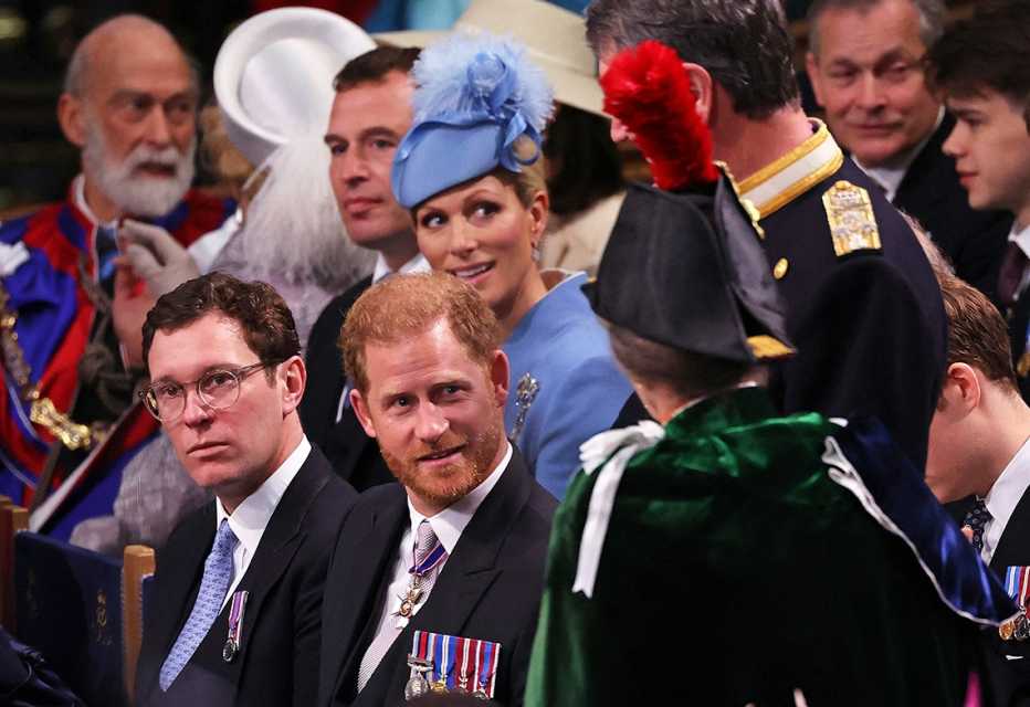 Prince Harry, Duke of Sussex, talks to his aunt, Princess Anne, Princess Royal at Westminster Abbey.