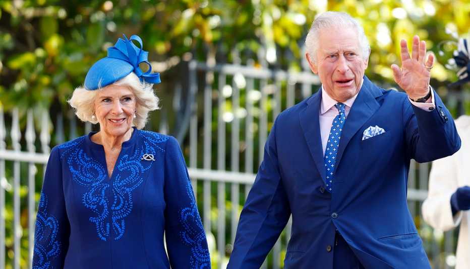Camilla, Queen Consort and King Charles III attend the traditional Easter Sunday Mattins Service at St George's Chapel, Windsor Castle on April 9, 2023 in Windsor, England.