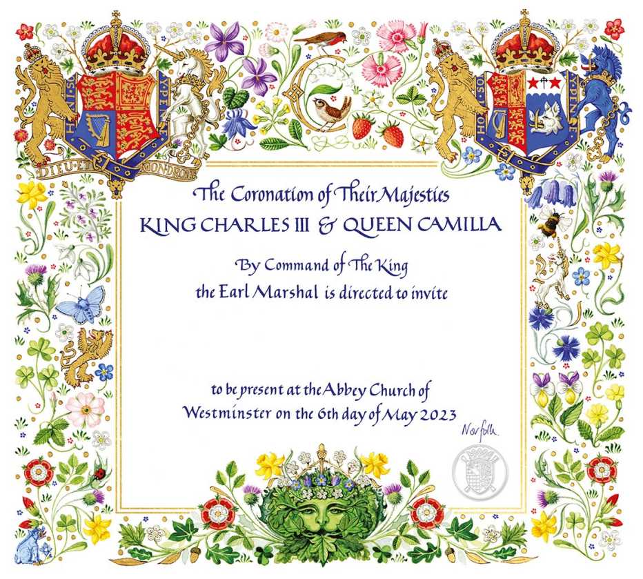Buckingham Palace is pleased to share the invitation for the Coronation, which will be issued in due course to over 2,000 guests who will form the congregation in Westminster Abbey. It is also announced today that eight Pages of Honour have been chosen to attend Their Majesties during the Coronation Service. In this handout image released by Buckingham Palace. The invitation for the Coronation has been designed by Andrew Jamieson, a heraldic artist and manuscript illuminator. Mr Jamieson is a Brother of the Art Workers’ Guild, of which The King is an Honorary Member.
