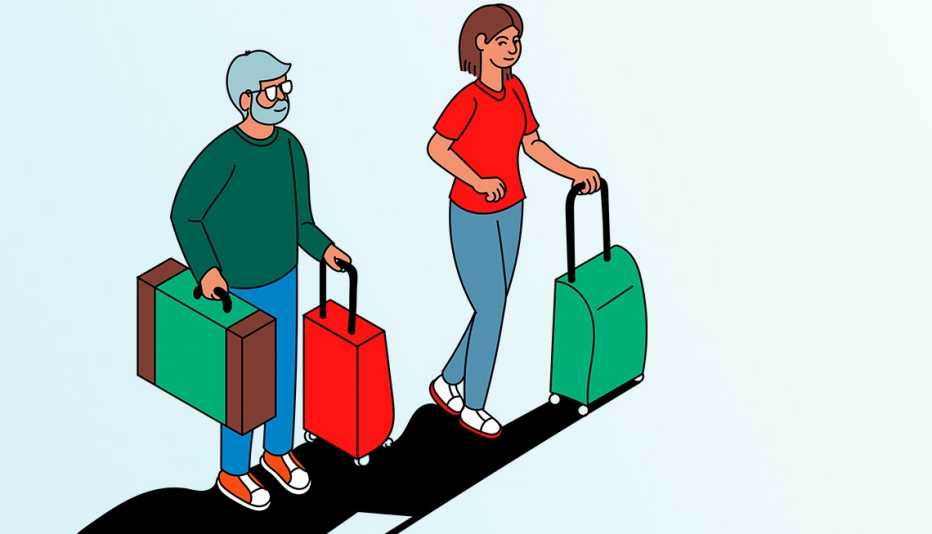 two people walking with suitcases