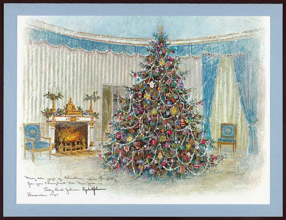 a holiday card from president lyndon b johnson and first lady lady bird johnson shows a christmas tree inside the white house