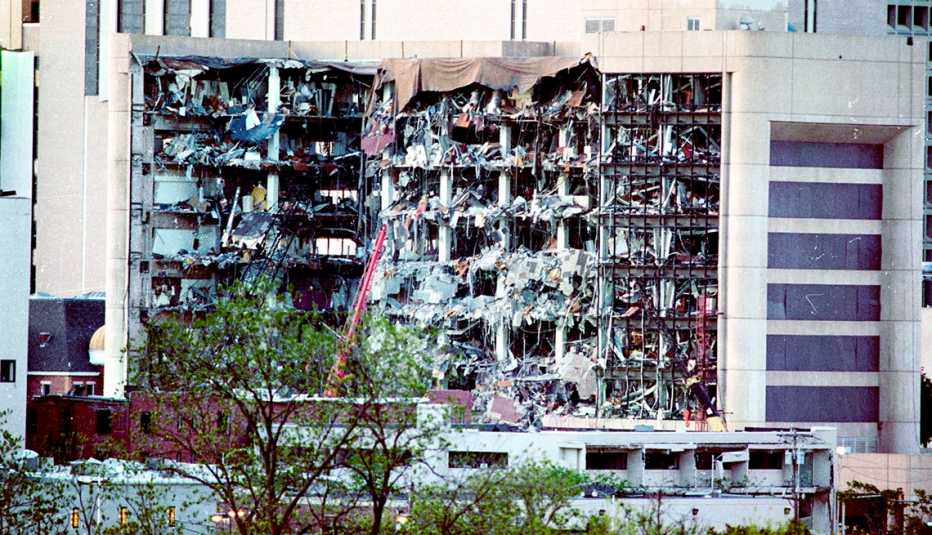the alfred p murrah federal building in oklahoma city shown after the terrorist bombing with much of its interior exposed
