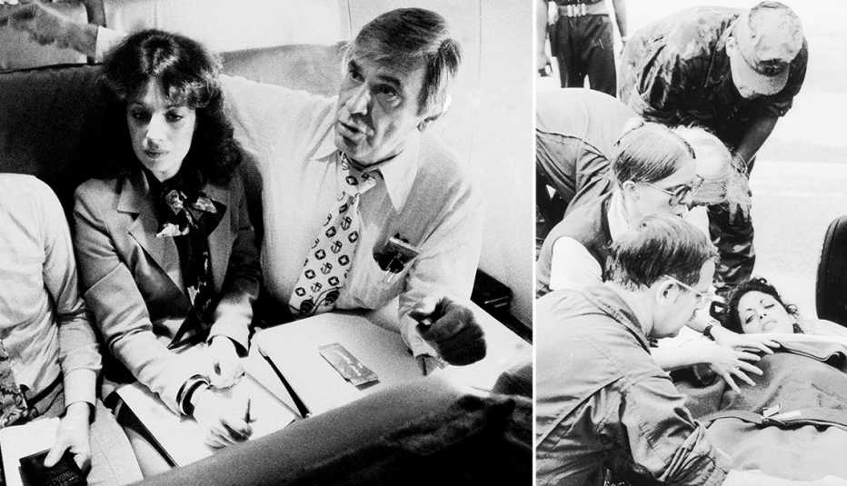 two images one of jackie spieir on a plane with congressman leo ryan and the other of her on a stretcher after being shot in jonestown guyana