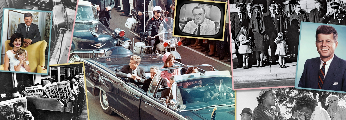 collage of images of john f kennedy including one of the final photos taken in the car before the assassination walkter cronkite reporting on the news john john saluting at the funeral and a family photo with caroline