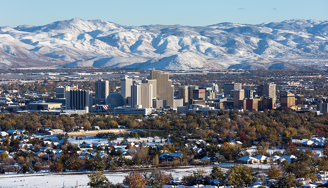 A view of the Reno Nevada cityscape in winter