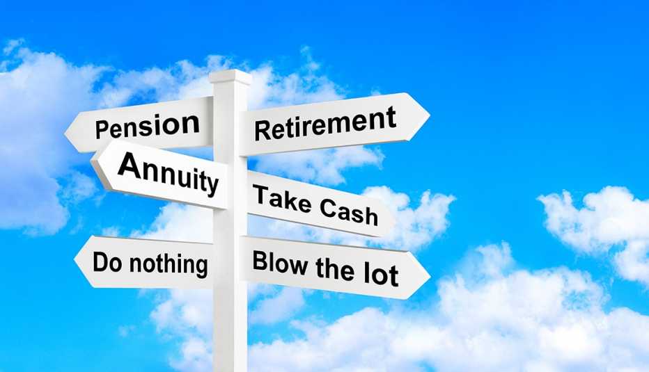illustrated sign against blue sky points in various directions related to retirement income and spending options