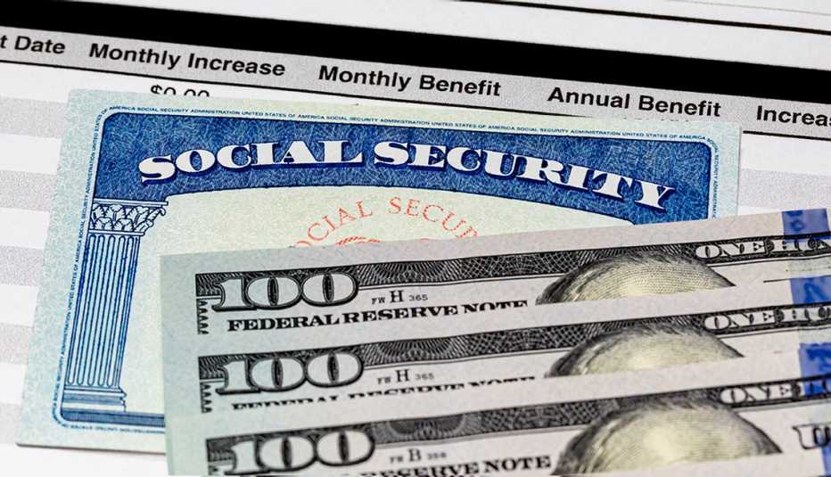 a social security card with money and a bank statement