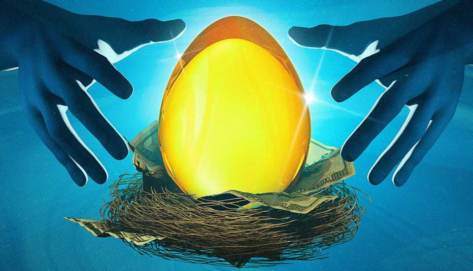 two hands close in on a golden egg in a nest with cash