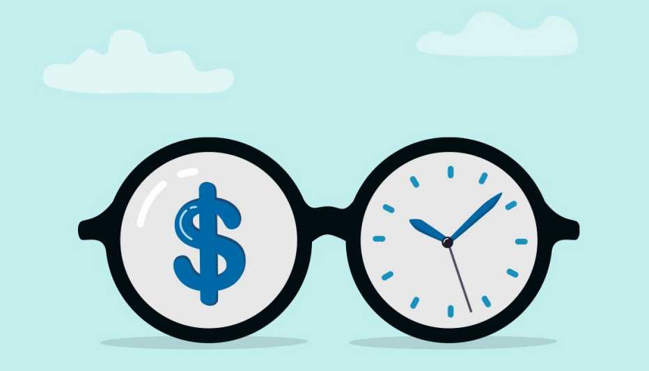 pair of eyeglasses with one lens as a clock and the other lens containing a dollar sign