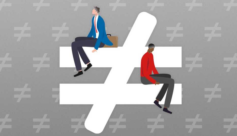 two workers sitting on either end of an unequal symbol on the left side on the upper part of the equal sign is a white worker and on the right side on the lower part of the equal sign is a black worker 