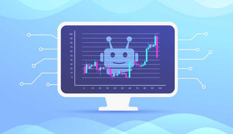 robot adviser on a computer monitor screen behind an ups and downs stock performance chart