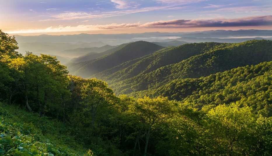 sunrise over the green forested appalachian mountains as seen from the blueridge parkway