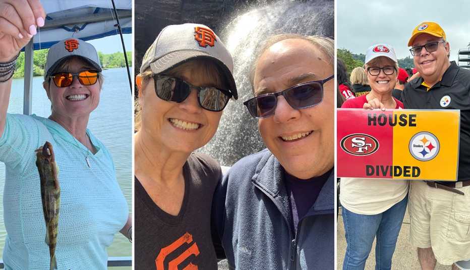 kathy wheeler in three photos from left to right fishing on a boat with her husband outdoors and at a football game