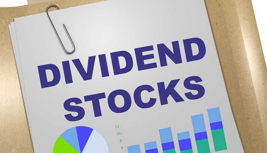 Dividend Stocks labeled financial chart paper print out is paper clipped to a manila file folder