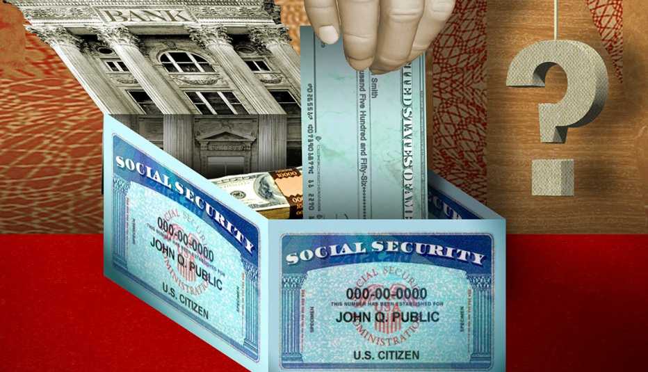 a colorful illustration of Uncle Sam's hand holding a check, a bank building, social security cards and question marks