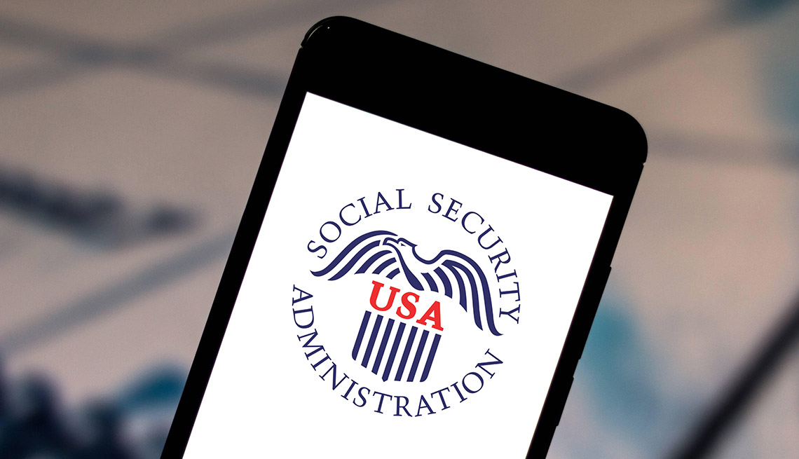A United States  Social Security Administration logo is seen displayed on a smartphone.
