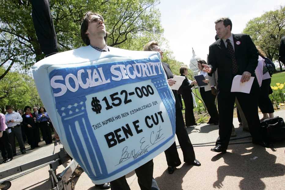 Protestor at a rally in 2005 against Social Security privatization is dressed in a Social Security card costume.