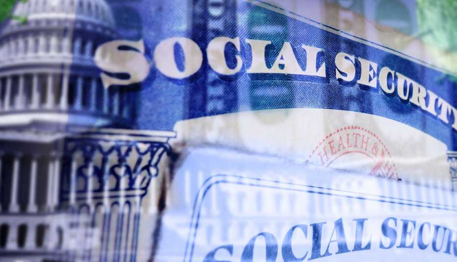 layered closeup photos of Social Security cards, the US capitol and money