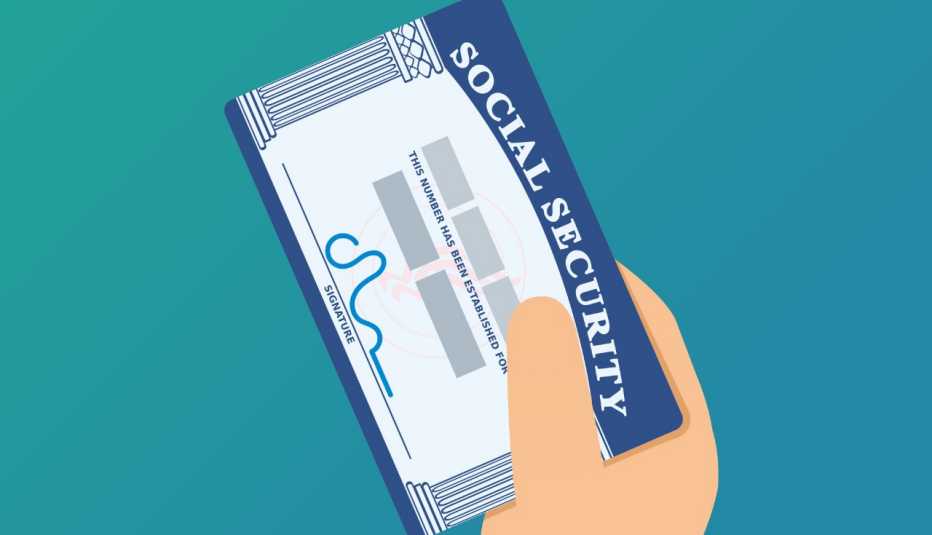 A hand in a suit presents an American Social Security card on a blue background.